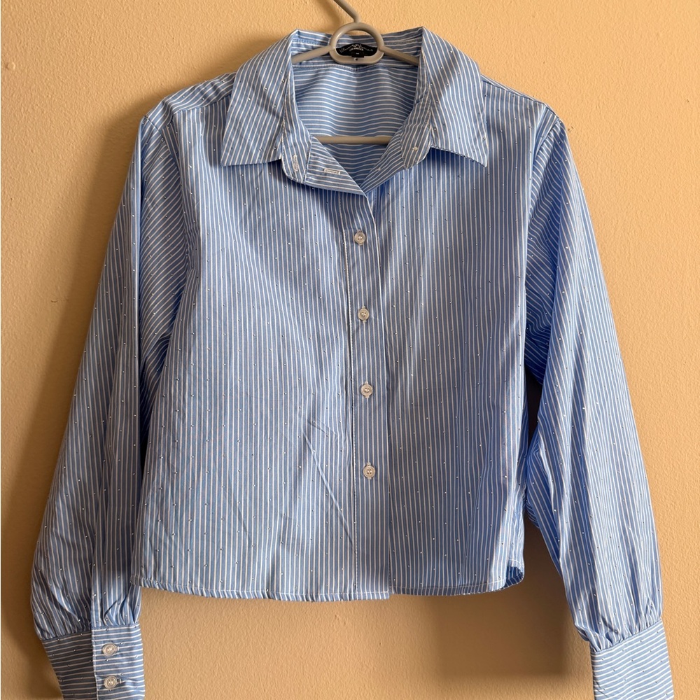 Velvet Heart Bedazzled Light Blue Striped Button Down Shirt